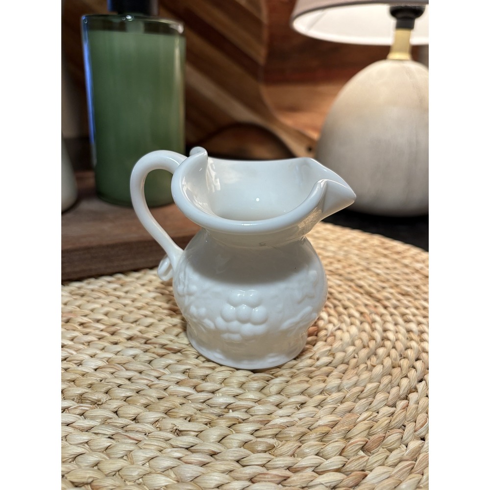 Kanawha Milk Glass Mini Pitcher White Grape Harvest Embossed Handcrafted Vintage